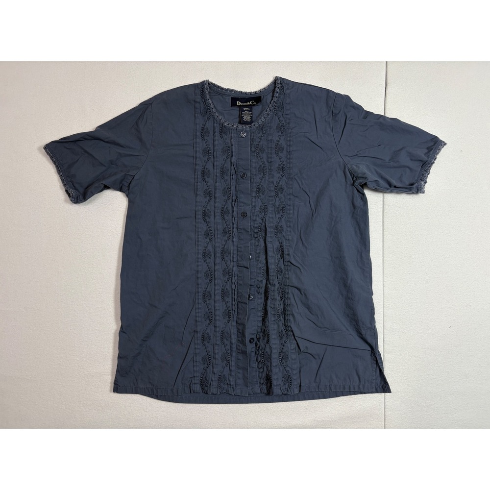Denim & Co Women Small Blue Embroidered Pintuck Cotton Short Sleeve Blouse Top